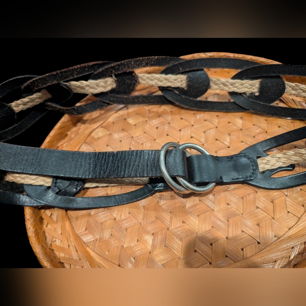 Black Braided Leather & Rope Double Ring Women's Belt Size Xl